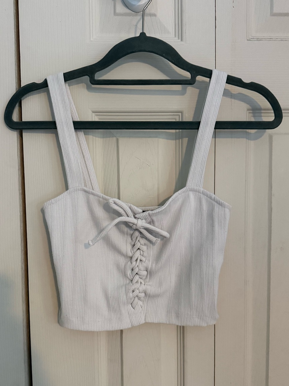 Forever 21 White Ribbed Lace-Up Crop Tank - adjustable Lace Up Bodice